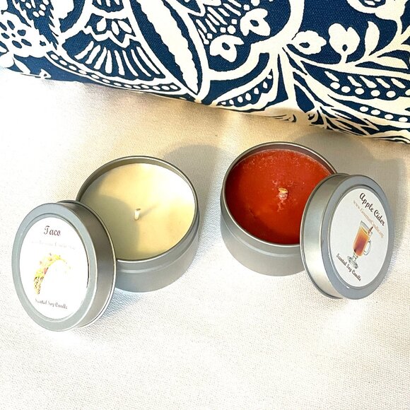 Set of 2 Soy Candles in Tins-Taco Candle-Apple Cider Candle - Picture 2 of 5